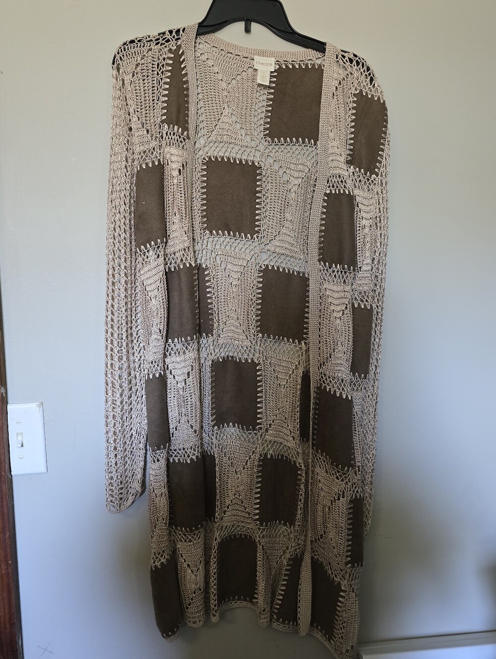 Light Brown Crochet Patchwork Suede Open-Front Women's  Cardigan